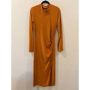 Lush Burnt Orange Ribbed Mock Neck Ruched Side Slit Midi Dress XL Womens